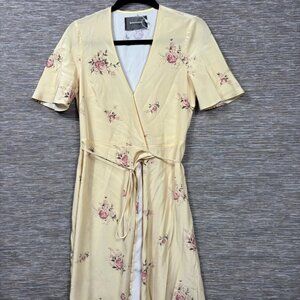 Reformation Floral Satin Wrap Midi Dress Womens Small Yellow  Belted V-Neck